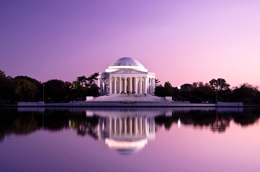 The Jefferson Memorial at dusk across the Tidal Basin